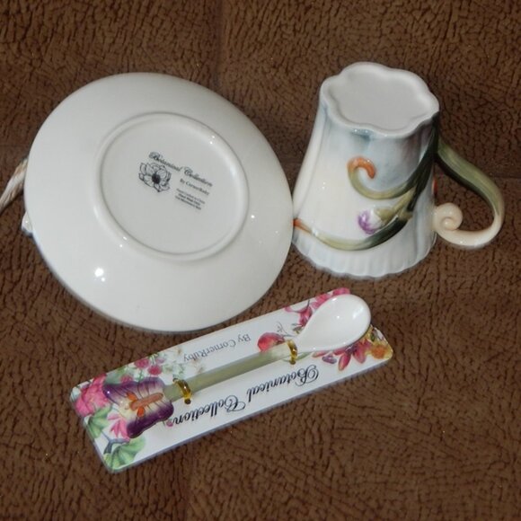 Botanical Collection Corner Ruby Hummingbird Iris Teacup Saucer Spoon Set NWT - Picture 12 of 12
